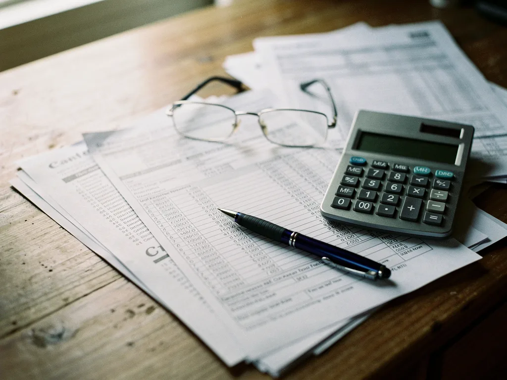 Bureau avec une declaration d'impots, une calculatrice et un stylo
