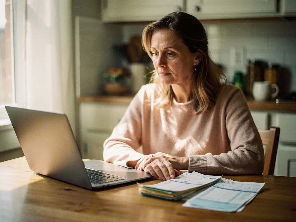 Une femme gere ses finances personnelles a la table de sa cuisine