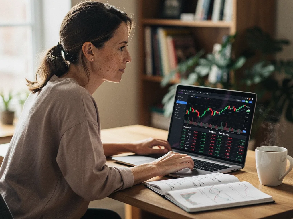 Une investisseuse suit ses placements en bourse depuis son ordinateur